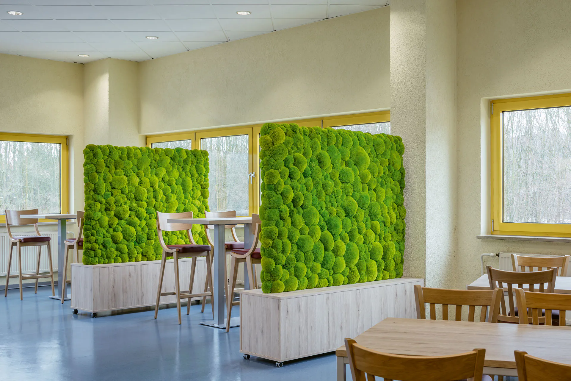 Grüne Akustiksäule aus Moos im modernen Büro