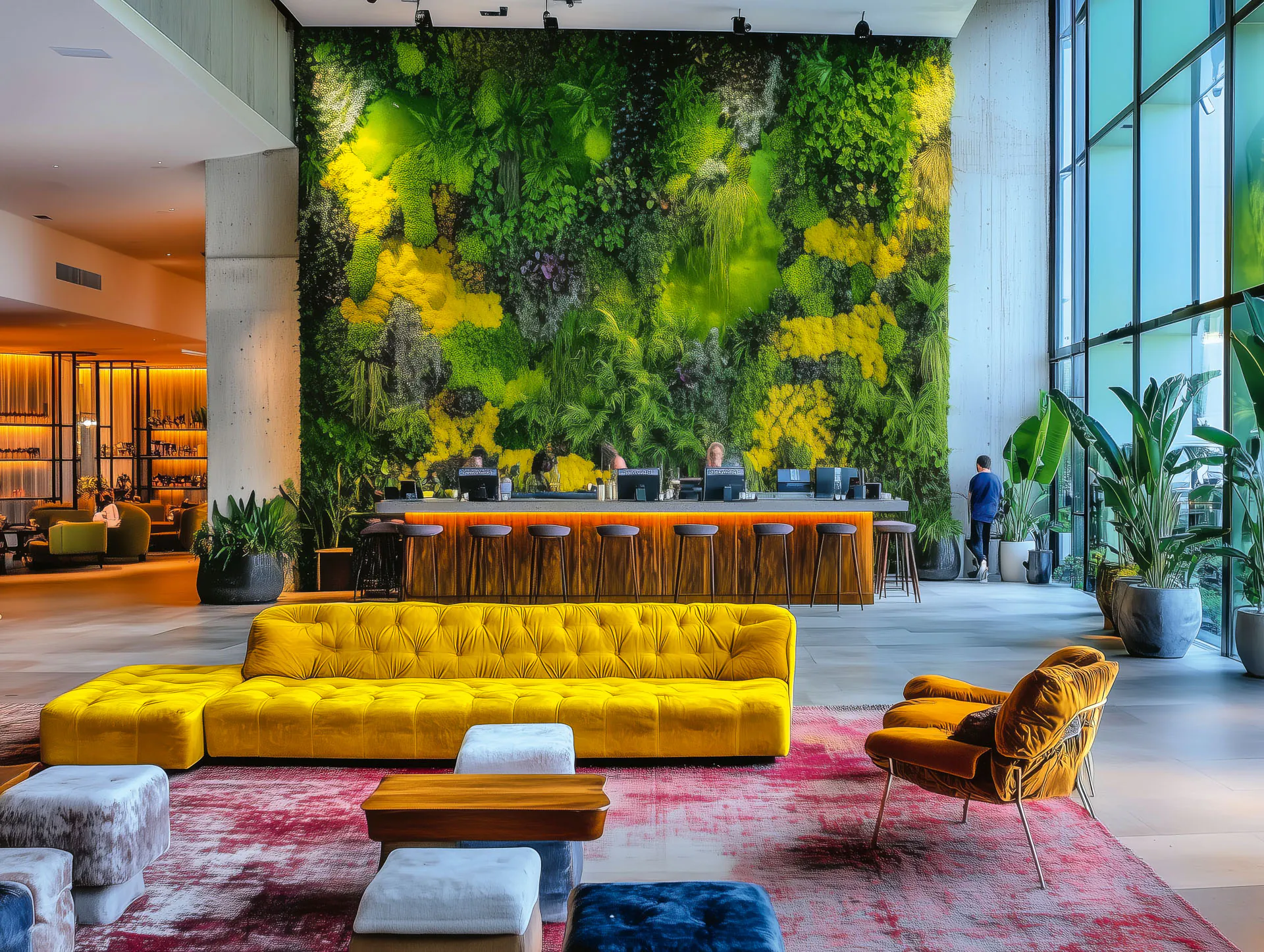 Mooswand in der Hotellobby — Begrünungswand hinter der Rezeption eines Luxushotels