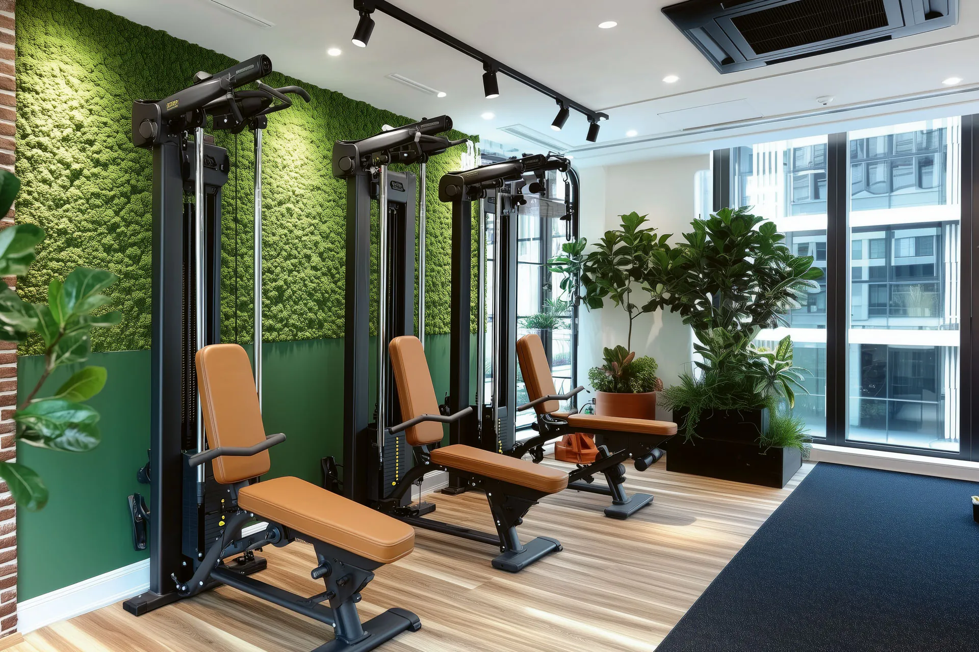 Fitnessstudio gestalten mit Moos — Mooswand auf der Trainingsfläche eines modernen Studios