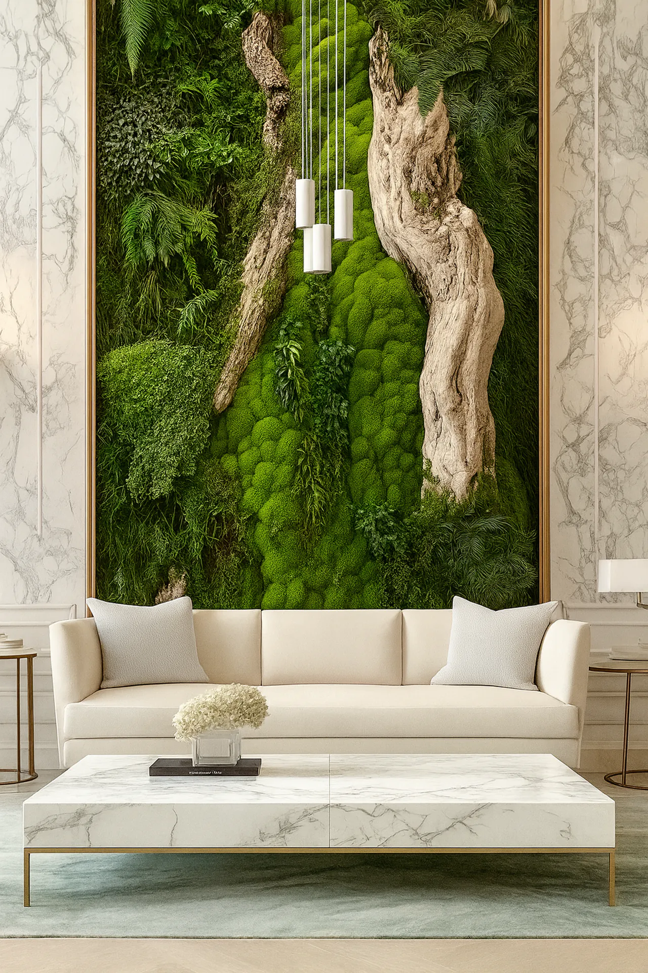 Mooswand Moderne Wohnlounge Naturstamm — Wandbegrünung von MOOSMOOS