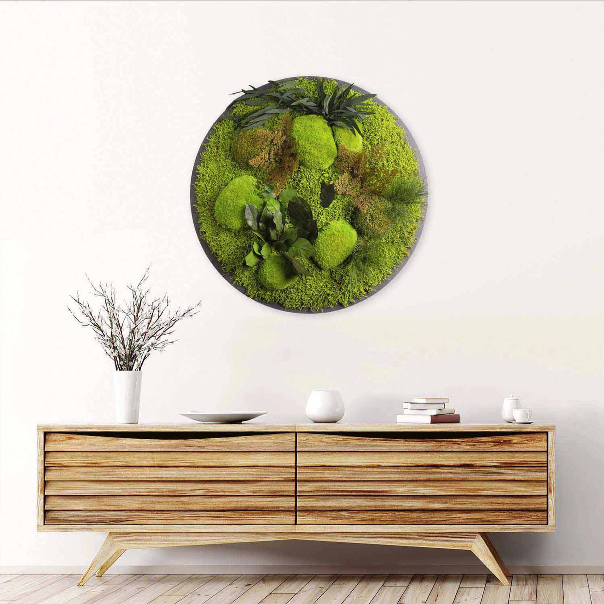 Dschungelmoos Bild Rund in Apfelgrün mit Sideboard