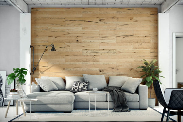 Modernes Wohnzimmer mit einer grauen Kautsch und einer holz Wand