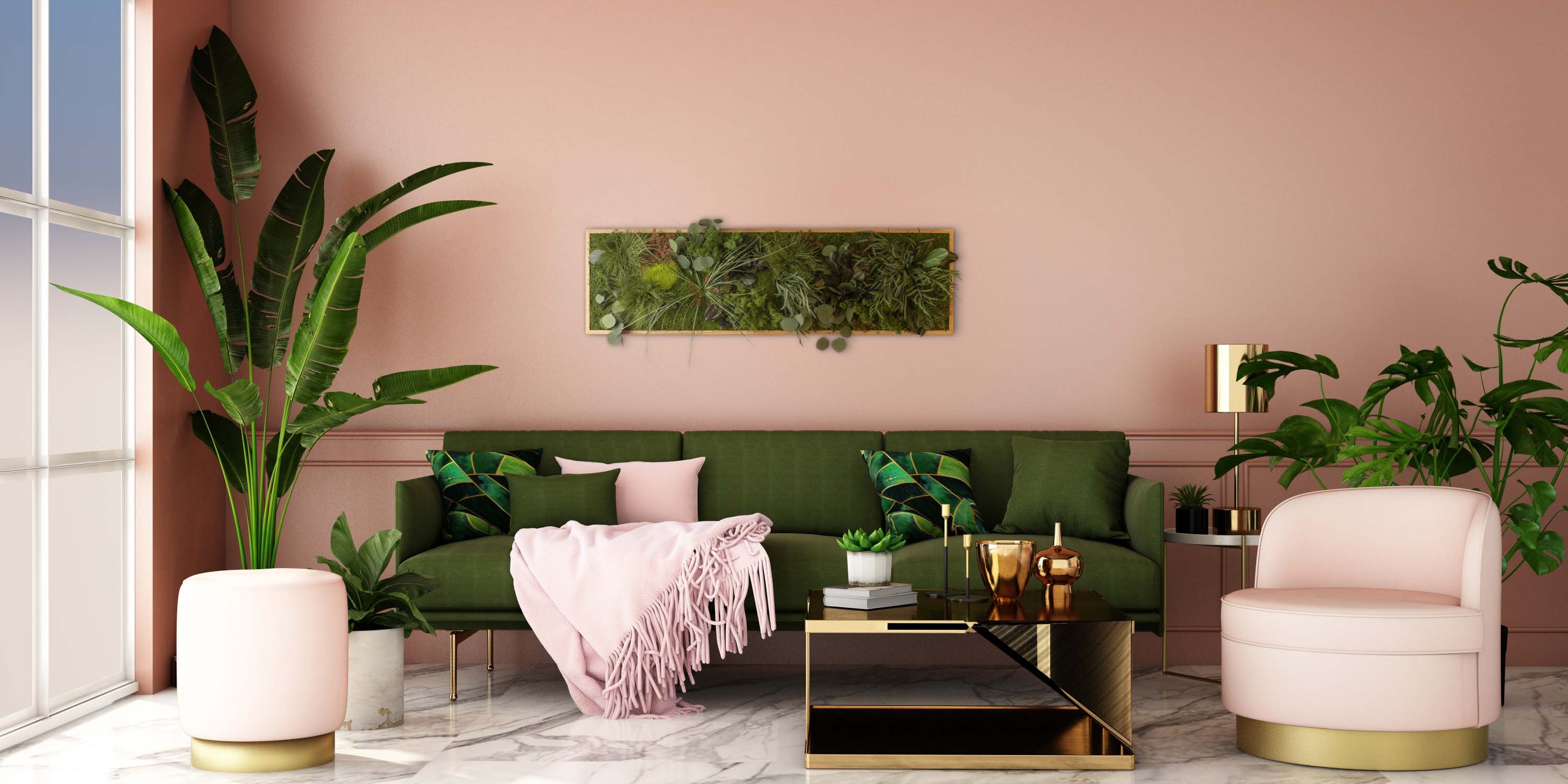 Dschungelmoosbild in einer Stube mit einer rosa Wand