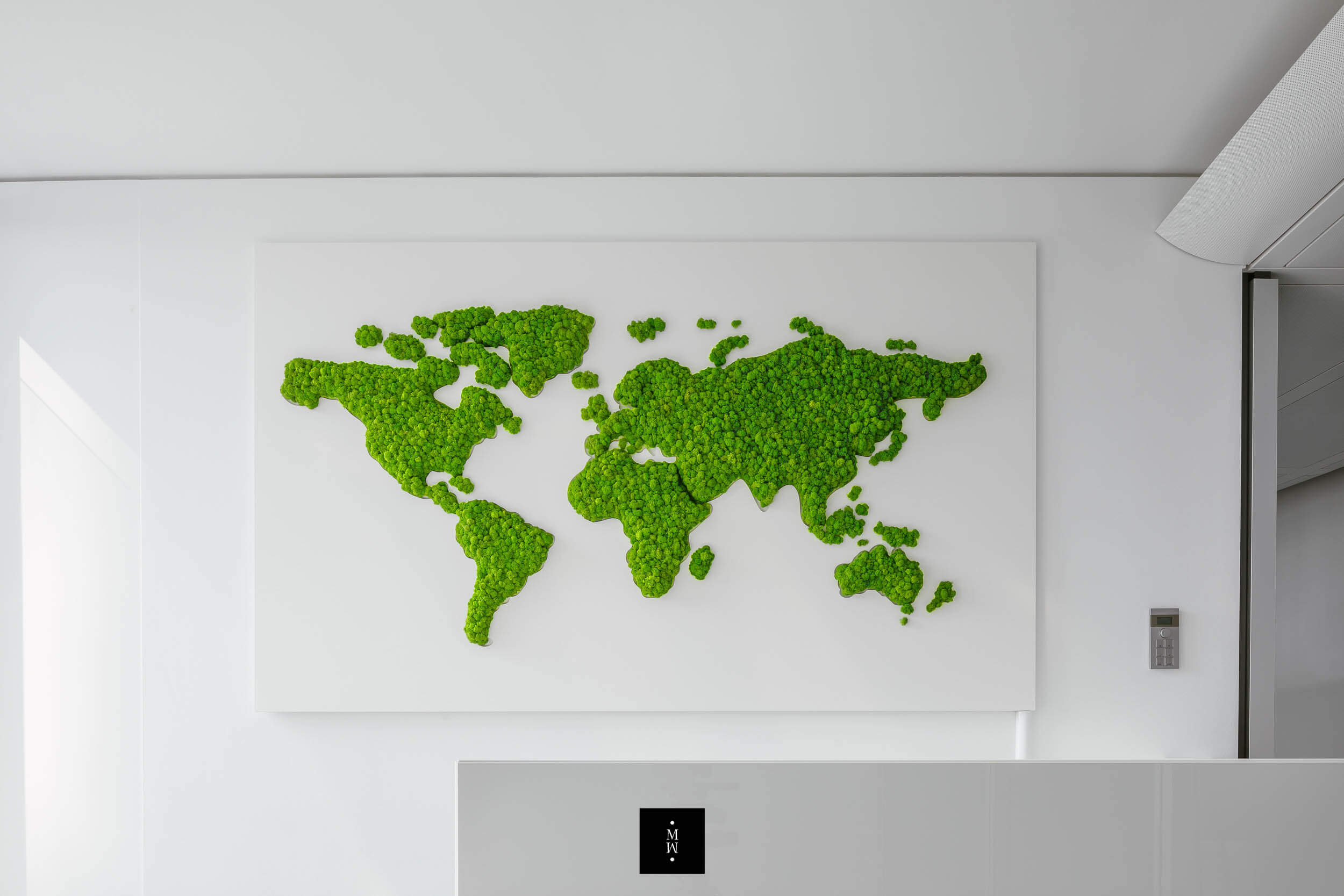 Moosbild aus Islandmoos als Weltkarte in einem Büro