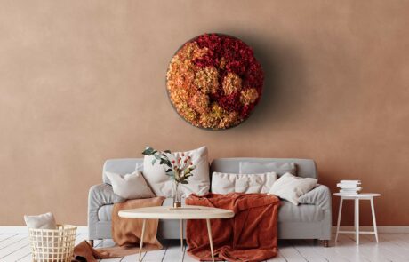 Rundes Bild aus roten und orangen Hortensien in einer Stube