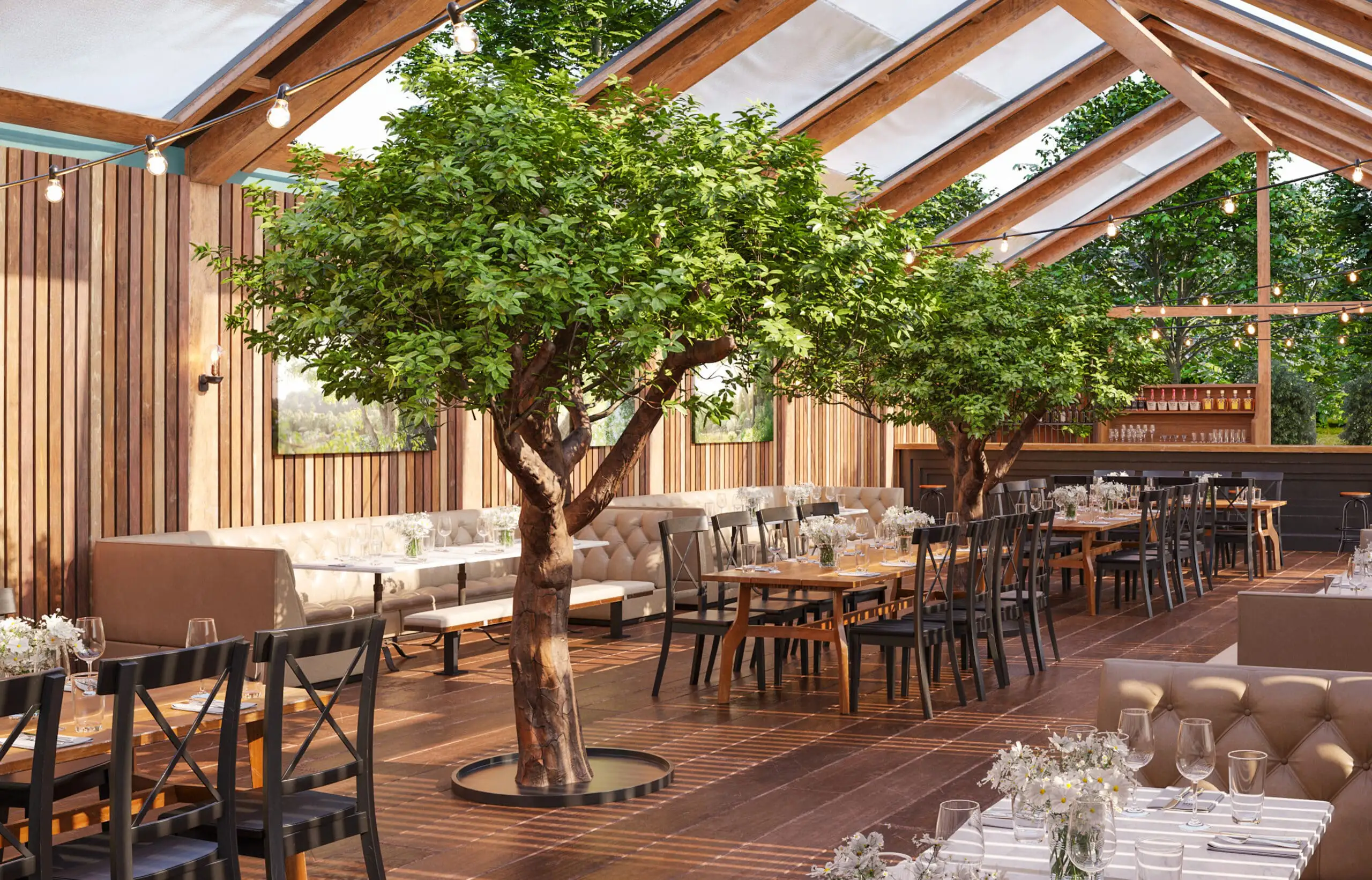 Restaurant mit künstlichen Bäumen