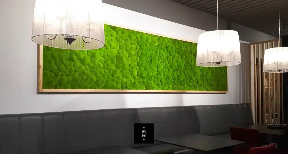 a green wall with a picture from the ceiling