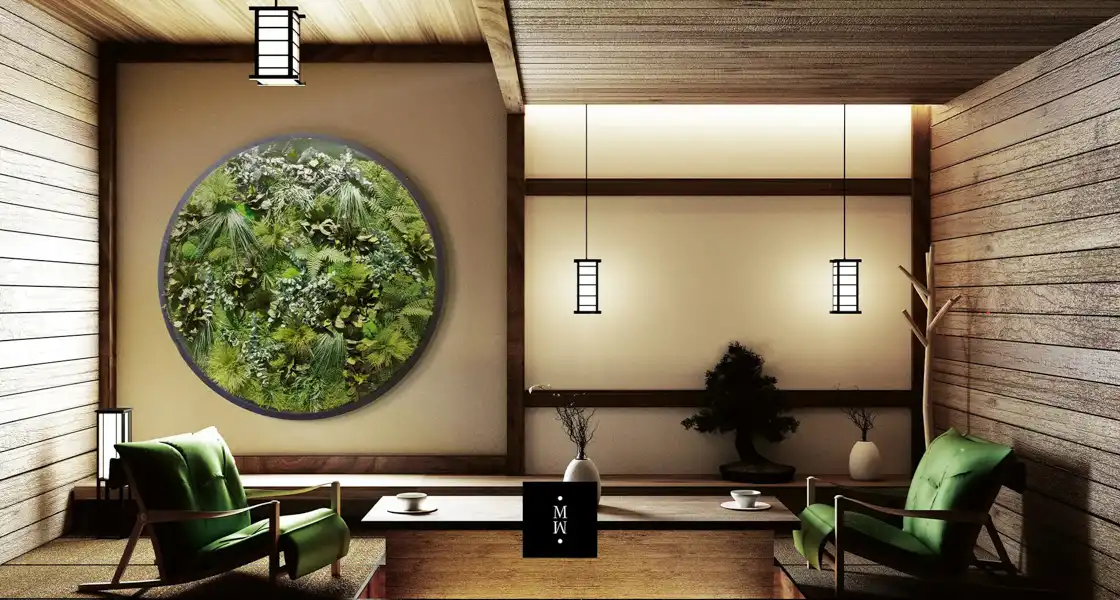 a room with a round wall and plants