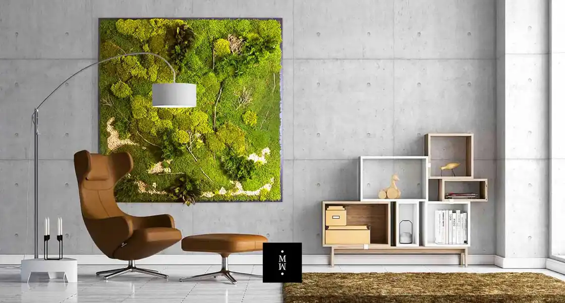 a room with a plant wall and a chair