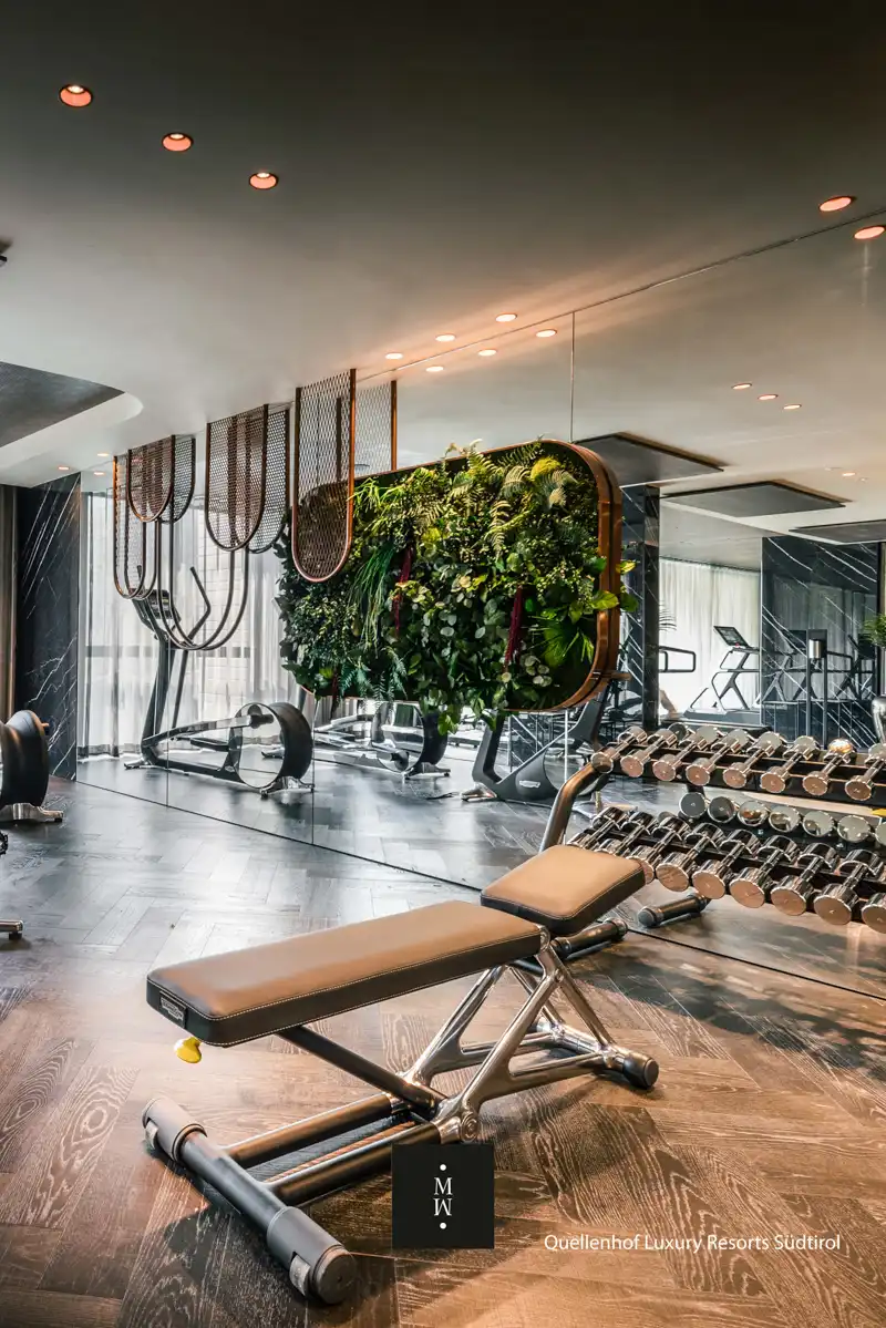 a gym with a plant on the wall