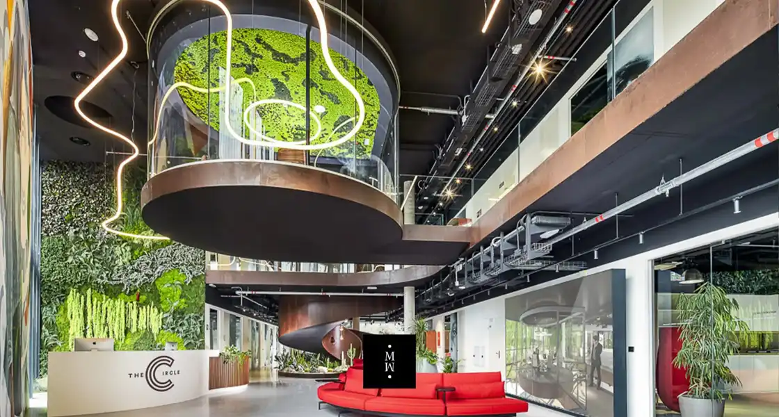a red couch in a building