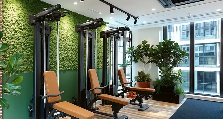 Fitnessstudio mit modernen Trainingsgeräten und stilvoller Wand aus Moos von MoosMoos, gesundes Naturdesign für Innenräume