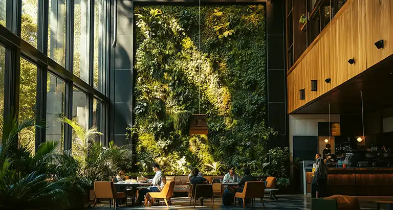 Restaurant-Lounge mit hoher Glasfront, Holzelementen und großflächiger Wand aus Moos von MoosMoos, modernes nachhaltiges Naturambiente