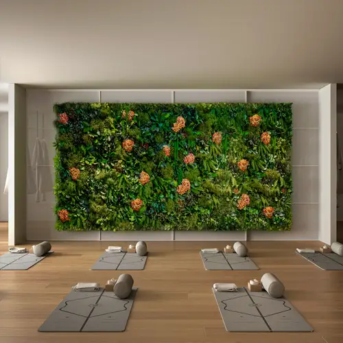MOOSMOOS Blumenwand aus der Manufaktur - Pflegefreie Living Wall mit Blüten für Yoga-Studio und Wellness-Bereich